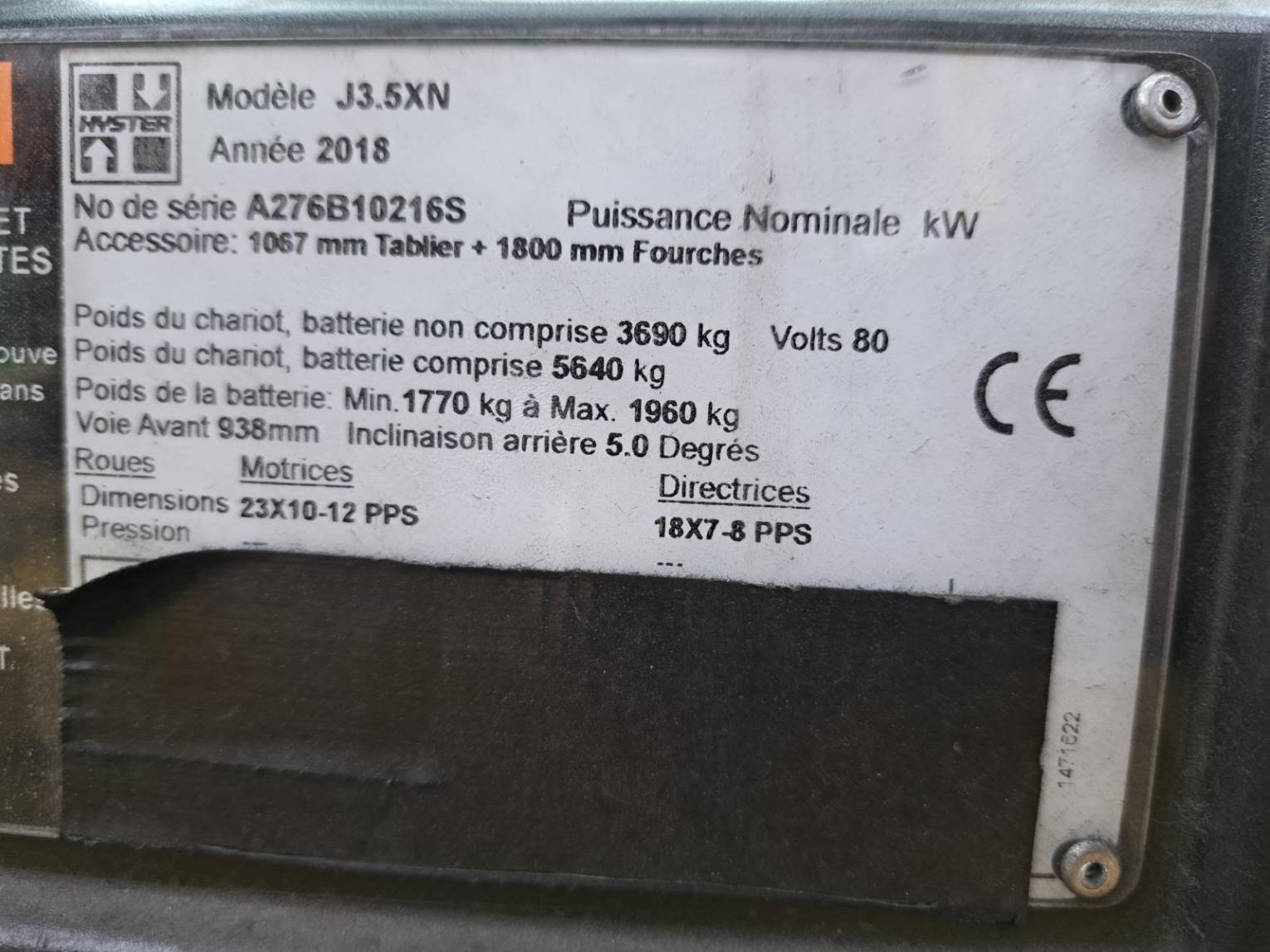 Chariot élévateur frontal Hyster J3.5XN
