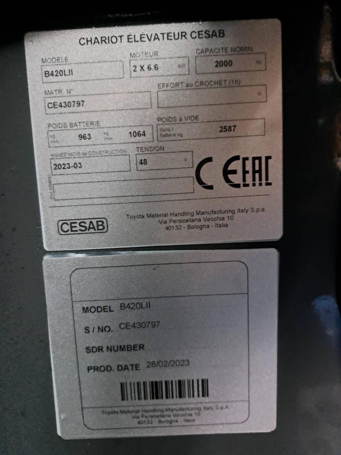 Chariot élévateur frontal CESAB B420LII