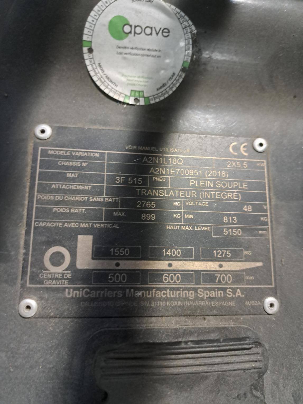 Chariot élévateur frontal UniCarriers A2N1L18Q